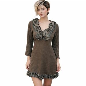 Y2K Avant Garde Unique Brown Ruffle 3d V Neck Babydoll Knit Bohemian Dress Sz S